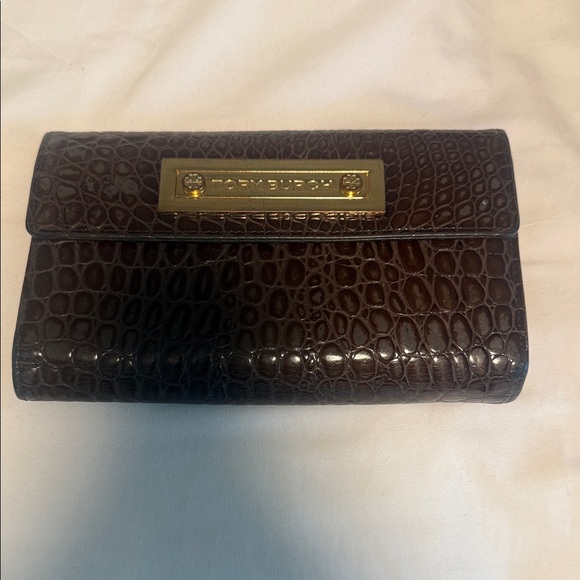 Tory Burch Accessories - Vintage Tory Burch Dark Brown Croc Embossed Clutch